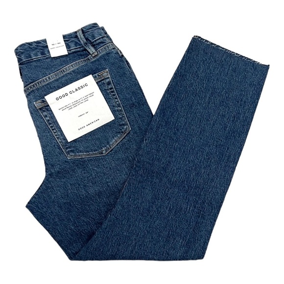 Good American Good Classic Raw Hem High Rise Jeans GCH086TFT Blue Size 10 - Picture 5 of 11